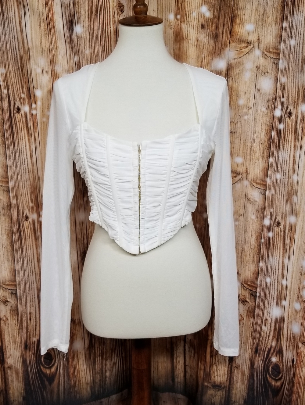 Princess Polly White Ruched Mesh Corset Crop Top Women's Sz 10 Long Sleeve Shirt